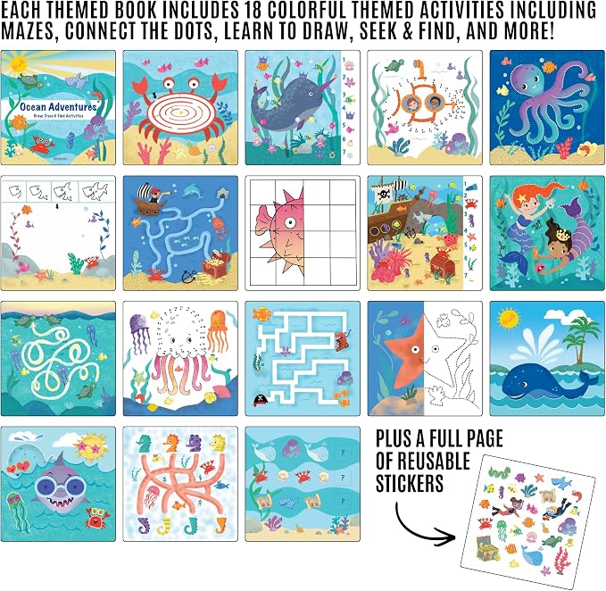 Totebook Dry Erase Activity Book for Kids - 18 Erasable Learning Games with Markers & Reusable Stickers, Travel Activities for Ages 4-6, Fits Case (Ocean Theme)