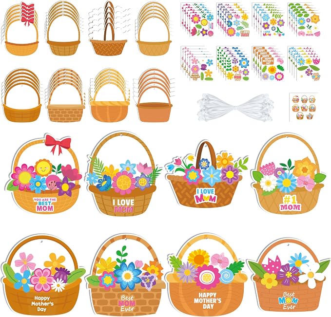BeYumi Mother's Day Craft Kit - 123Pcs Mother's Day Flowers Basket Paper Craft Kit DIY Best Mom Ever Hanging Ornament Make Your Own School Classroom Decoration Home Family Party Art Supplies for Kids