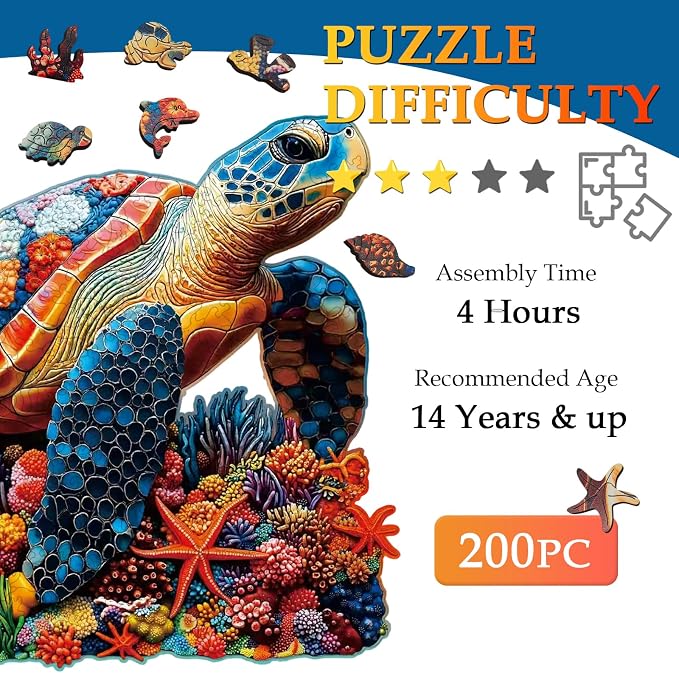 Wooden Puzzles for Adults, Coral Sea Turtle Jigsaw Puzzles for Adults, 200 Piece Unique Animal Shaped Wood Cut Puzzles, Fun Challenging Turtle Puzzles Gift for Kids Family Game Home Decor 10.8 * 11in