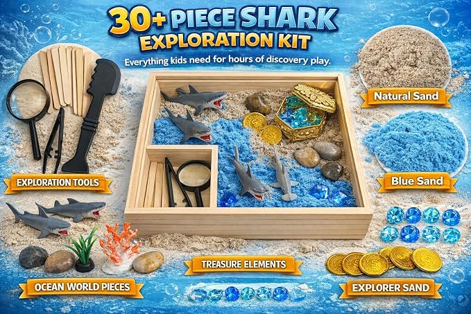 Shark Sensory Bin Kit for Kids - Ocean Sensory Play Kit with Wooden Storage Box, Moldable Sand, Sharks & Treasure Chest - Montessori STEM Learning Toy, Shark Gifts for Boys & Girls Ages 4-8