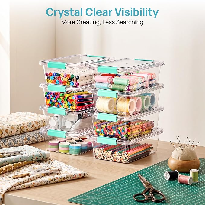 Vtopmart 8 Pack 3 Qt Clear Storage Bins with Lids for Building Blocks，Craft | Stackable Plastic Organizer Box for Home, Classroom, Office, Craft Room, Small Containers for Art Supplies, Stationery