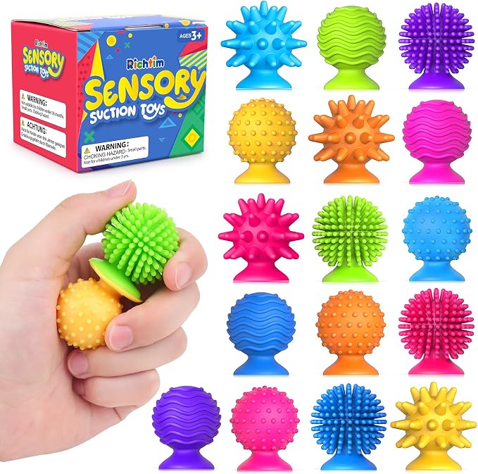 Sensory Fidget Toys Kids Adults: 16 Pack Textured Suction Toy | Sensory Toys for Autism Kids Calming - Quiet Fidgets for Classroom Prize - Special Education Classroom Must Haves