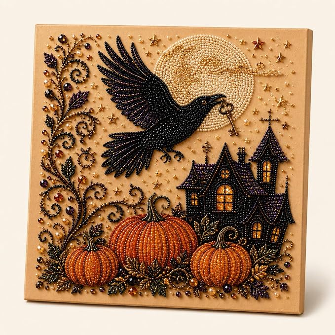 Halloween Pearl Art Kit for Adults, DIY Fall Craft (Crow) | Create textured Halloween decor through a screen-free, beginner-friendly craft activity.