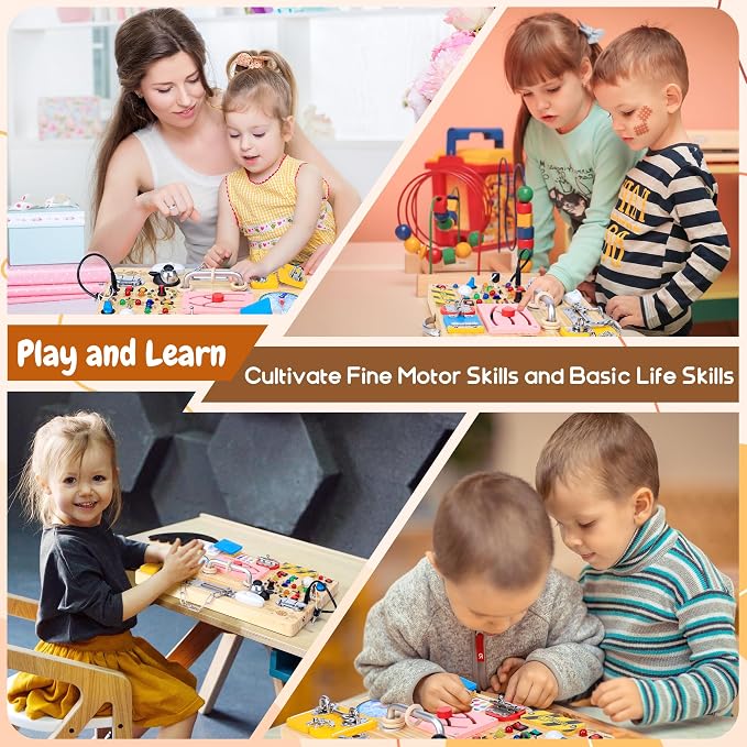 25 in 1 Busy Board with 13 LED Light Switches and 12 Activity, Montessori Toys for 1 2 3 Years Old, Wooden Sensory Board, Toddlers Travel Toys for 1+ Year Old Boy & Girl Birthday Gift（Extra-Large）