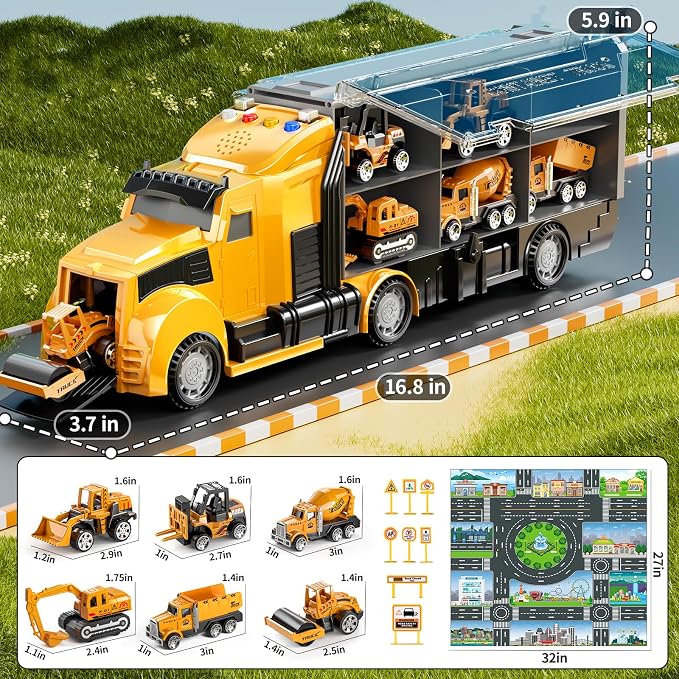 NIPLOOOW Construction Trucks Toy Set with Play Mat, Carrier Truck Play Vehicles Set for 3 4 5 6 Years Old Boys Kids, Die-Cast Car Toy for Toddlers 3-4 Years, Birthday Gifts Toys for 3-9 Year Old Boys