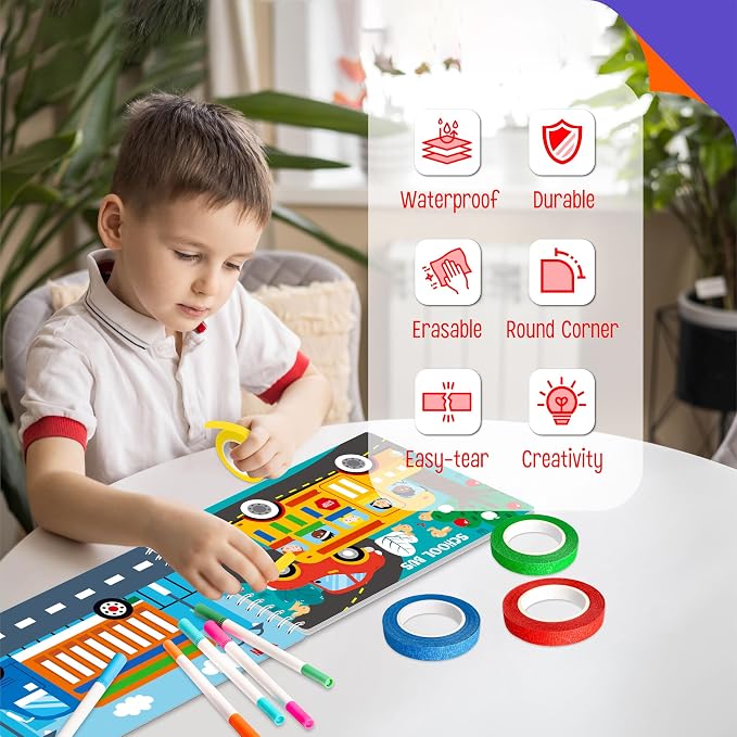SpriteGru Tape Activity Book, 30 Dry Erase Vehicle Patterns and 4 Colorful Tapes, Reusable & Erasable Pages and Easy-Tear Tapes, Fun and Creative Game Pad for Road Trip, Travel, At Home