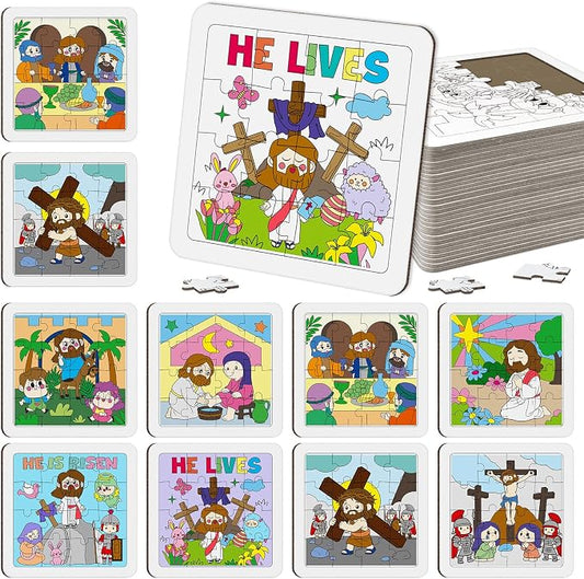 Cinrobiye 24 Pcs Christian Easter Coloring Jigsaw Craft Kit for Kids, DIY He is Risen Activity Set with 8 Designs, Religious Party Favors, Sunday School Classroom Art Projects