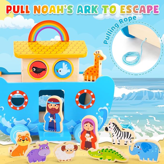 ATOYUS Wooden Noah's Ark Toy for 2+ Year Old Kids Boy and Girl Baptism Gift | Montessori Educational Toy with Animal Shape Sorter, Christian Bible Story Book for Kids Ages 2-4, Christmas Birthday Gifts
