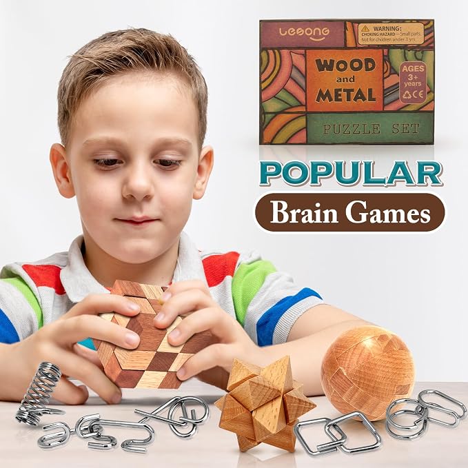 Brain Teaser Wooden Metal Puzzles - Easter Gifts for Kids Teens Brain Teaser Disentanglement Iron Link Unlock Interlock Game Chinese Ring Magic Trick Toy for Party Favors Kids Adults Challenge 32pack