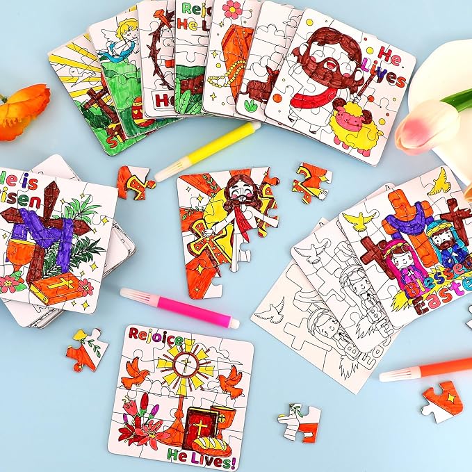 24Pcs Christian Easter Crafts for Kids bulk, Religious Easter Puzzle Activities for Basket Stuffers, Bible Jesus He Lives DIY Arts Jigsaw Kits for Classroom gifts, Spring Party Favors, Coloring Games