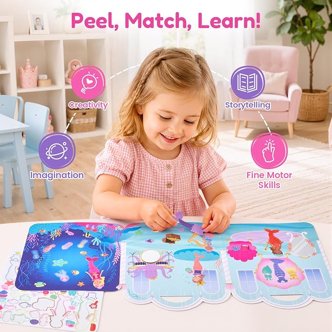 JoyCat Reusable Dress-Up Sticker Books, 3-Pack, Princess Mermaid Fashion | 200+ washable stickers, kids car activities, toddler creative play, preschool travel toy, birthday gift for 4 year old girls