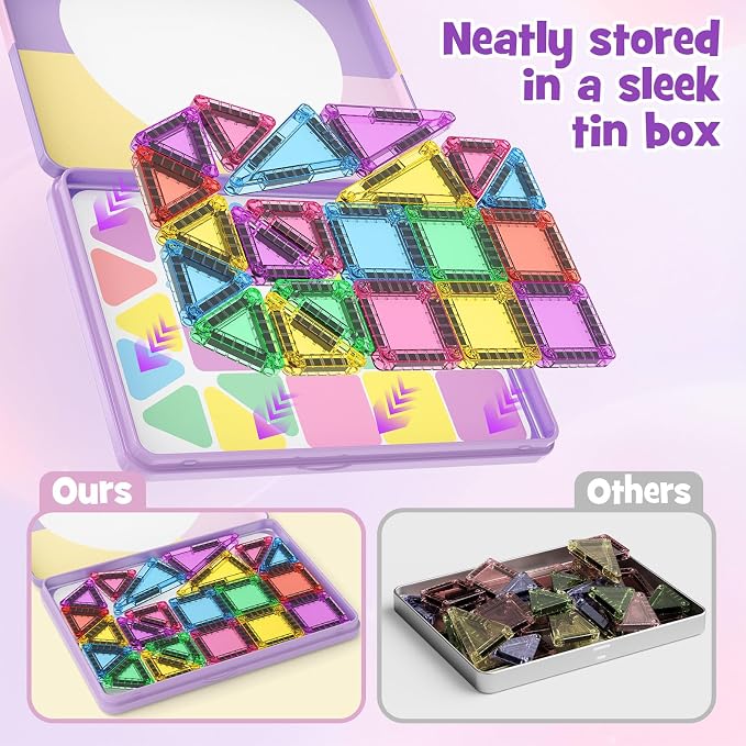 42PCS Magnetic Tiles Travel Storage Mini STEM Blocks Iron Box 3-8 | Portable Montessori educational magnetic building tiles for airplane, car rides & on-the-go creative play, durable and fun