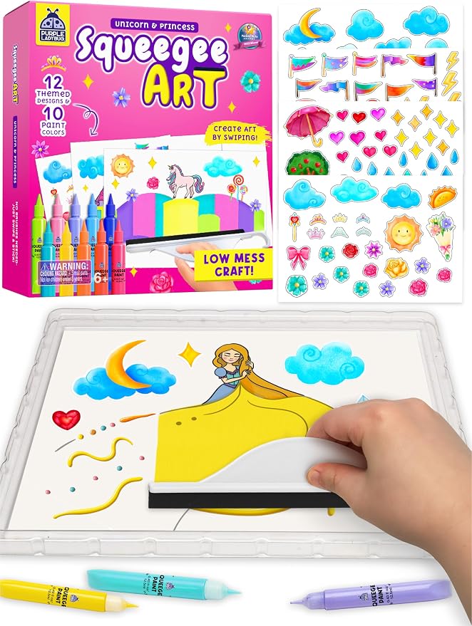 Squeegee Rainbow Squeeze Art Kit for Kids - Princess & Unicorn Design | Kids Stickers Included, Mess Free Paints, Girls Birthday Gifts Age 6-7 8 10, Develops Fine Motor Skills, STEAM Activity