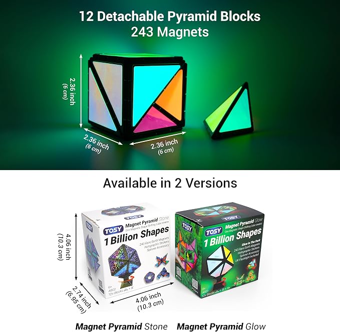 TOSY Magnet Pyramid Stone - 1 Cube Transforms into 1 Billion Shapes, 12 Pieces, 243 Rare Earth Magnets, Holographic Design Magnet Tiles Creative Puzzle STEM/STEAM Toy