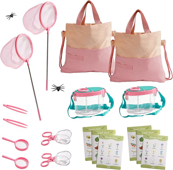 ROBOTIME 2-Person Bug Catcher Kit for Kids - Complete Pink Outdoor Explorer Set with Double Tools for Siblings & Friends (Ages 3+)