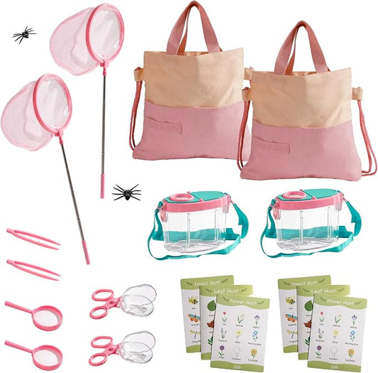 ROBOTIME 2-Person Bug Catcher Kit for Kids - Complete Pink Outdoor Explorer Set with Double Tools for Siblings & Friends (Ages 3+)