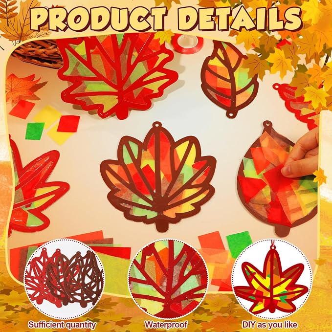 Qyeahkj 36 Set Fall Maple Leaves Suncatchers Crafts for DIY Autumn Window Tissue Paper Crafts Kit Thanksgiving Maple Hanging Decor for Fall Home Activity Art Project Birthday Party Favor Gift
