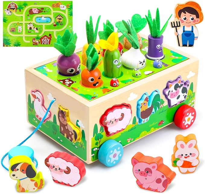 Montessori Toys for 1 Year Old|Wood Animal Shape Sorting Toys with Game Map | First Birthday Gifts for Girls|Educational Toys for 1 Year Old|Farm Carrot Harvest learning Toys|1st birthday girl gifts