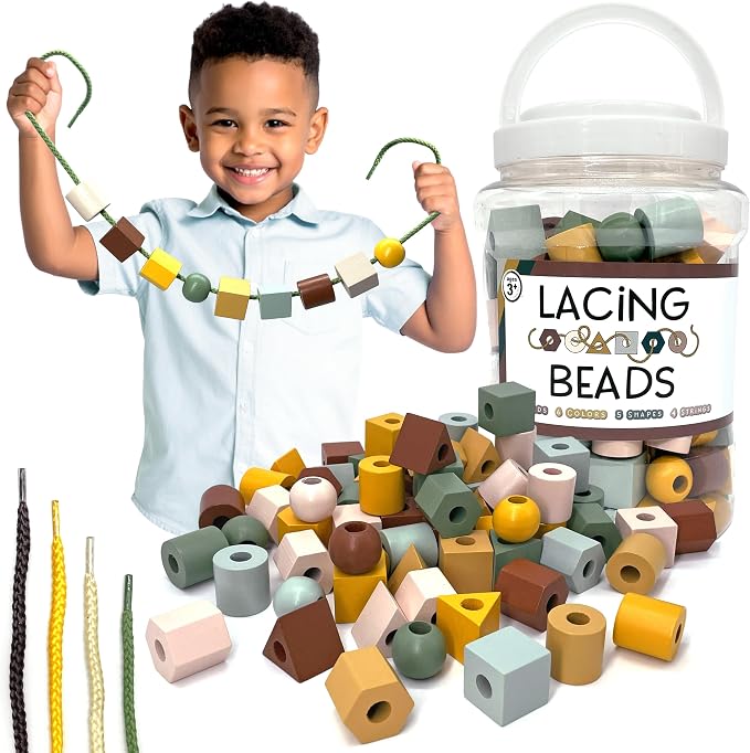Blu Jay Wooden Lacing Beads & Strings 125 Pieces, Fine Motor Skills Toys for 3 Year Old, Fine Motor Toys, Toy Lacing Beads for Toddlers - Boho Colors