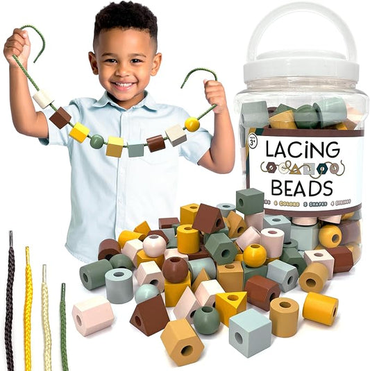 Blu Jay Wooden Lacing Beads & Strings 125 Pieces, Fine Motor Skills Toys for 3 Year Old, Fine Motor Toys, Toy Lacing Beads for Toddlers - Boho Colors