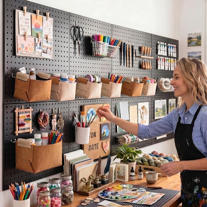 Spampur Peg Board, 8 Pack Metal Pegboard Wall Organizer with Accessories | Black Pegboard Panels with 50 Pcs Hooks and Baskets, Wall Organizer for Office, Craft Room Organization, Garage, Sewing Room