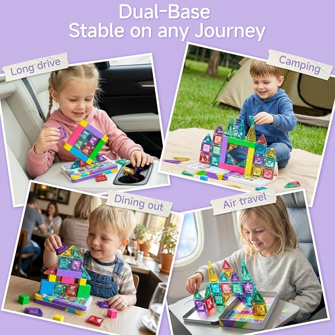 Magnetic Tiles Travel Toys Kids: 48PCS 3-in-1 Journey Blocks Set | Dual-Base Tin Holds 600+ Builds 120 Mins Focus 60s Cleanup - Quiet STEM Car Airplane Games for Toddlers Boys Girls Ages 3-8