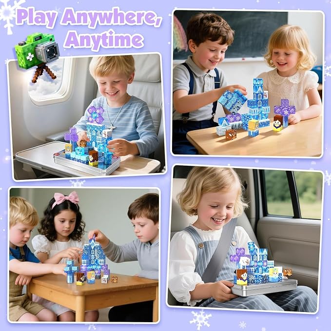 Magnetic Blocks - 45Pcs 0.8in Travel Toys Transparent Magnetic Building Block with Magnetic Tin Box for Kids, Light Up Magnet Block Blue Princess, Princess Toy for Girl 3+ Christmas Birthday Gift