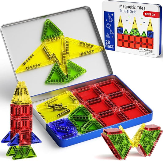 Mini Magnetic Tiles Travel Set 60 Mins Quiet Play 30s Cleanup | 26PCS Compact Magnetic Building Blocks for Kids Ages 3-8-Road Trip Essentials