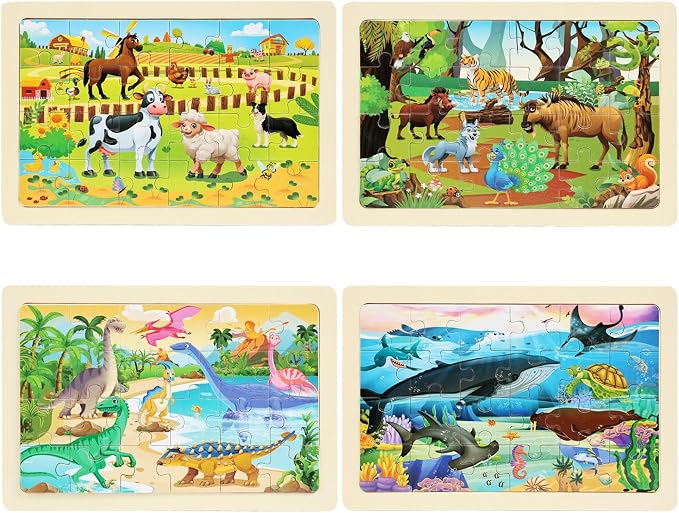 Wooden Puzzles for Kids Ages 4-6, 24 Piece Vehicle Car Construction Jigsaw Puzzles 4 Packs, Preschool Toddlers Learning Activity Puzzles Toys for Boys Girls 3 4 5 6 Years Old (Dinosaurs+Farm+Ocean)