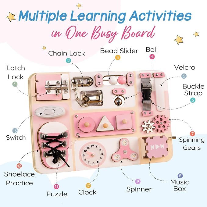 Montessori Busy Board for Baby & Toddlers 1-3 | Wooden Sensory Activity Board with 13 Activities, Real Metal Locks & Latches | Fine Motor Skills Educational Toy for 1 2 3 Year Old