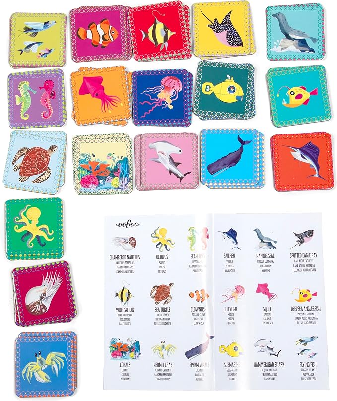 eeBoo Little Sea Life Memory & Matching Game, Ages 3+, 1-4 Players | Introduces whales, jellyfish & marine life. Sharpens recognition, concentration & memory skills. Includes 36 tiles, 18 pairs