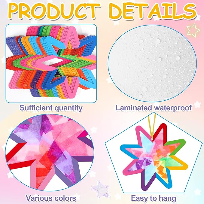 Qyeahkj 36 Set Summer Star Suncatchers Crafts for DIY Star Window Tissue Paper Craft Kit Art Ornament Hanging Decor for Home Activity Art Project Birthday Party Favors Gifts