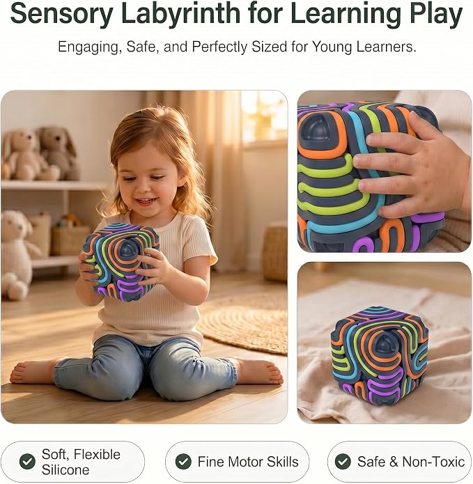 Sensory Activity Board Cube Fidget Toys for Kids & Adults - Zero Noise Silicone Quiet Toddler Travel Toys for Car Rides & Airplane - Autism ADHD Calming Toy Gift Stuffers with 15 Strings
