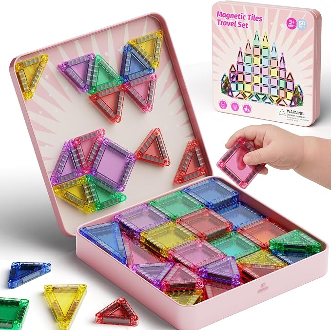 Mini Magnetic Tiles for Girls Travel in Tin Box to Stop Crying | 60 PCS Pink Magnet Building Blocks - 60 Mins Quiet Play 30s Cleanup Toy - Car Airplane Essentials Ages 3-8