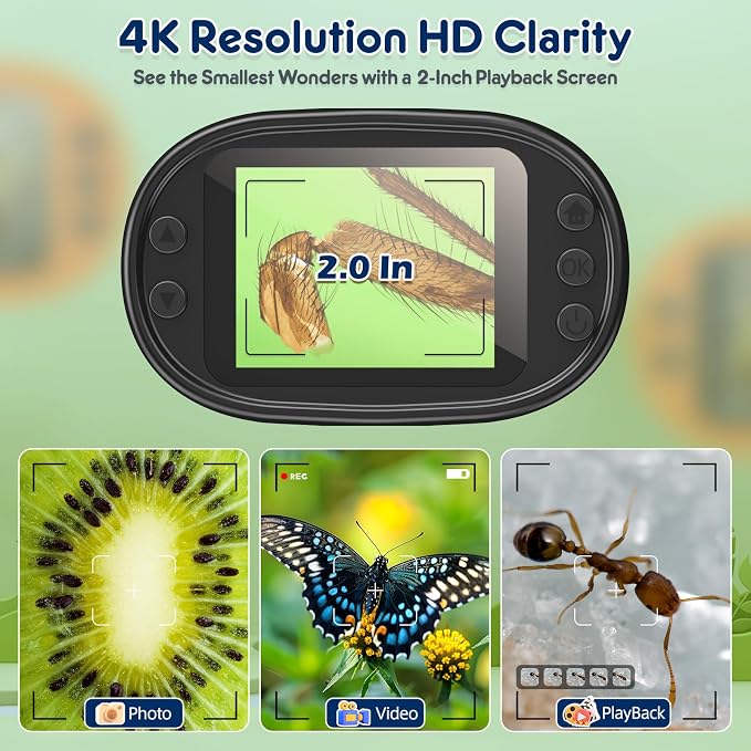 Kids Digital Microscope Science Gift: Complete STEM Toy Kit for Ages 4-12 | 32GB Card for Photos & Video / Custom EVA Case / Real Glass Slides / Upgraded 3mm Slide Slot / 2.5H Rechargeable Use