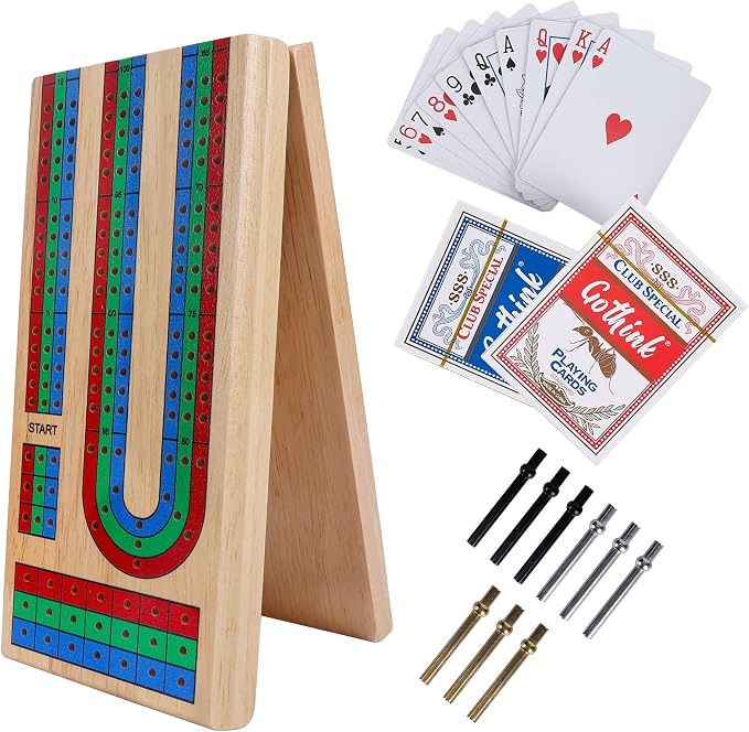 Offelec Upgraded Wooden Folding Cribbage Board Game Set - 3 Track Board with 2 Decks of Cards, 9 Metal Pegs & Storage | Portable Travel Cribbage for Kids, Adults and Family