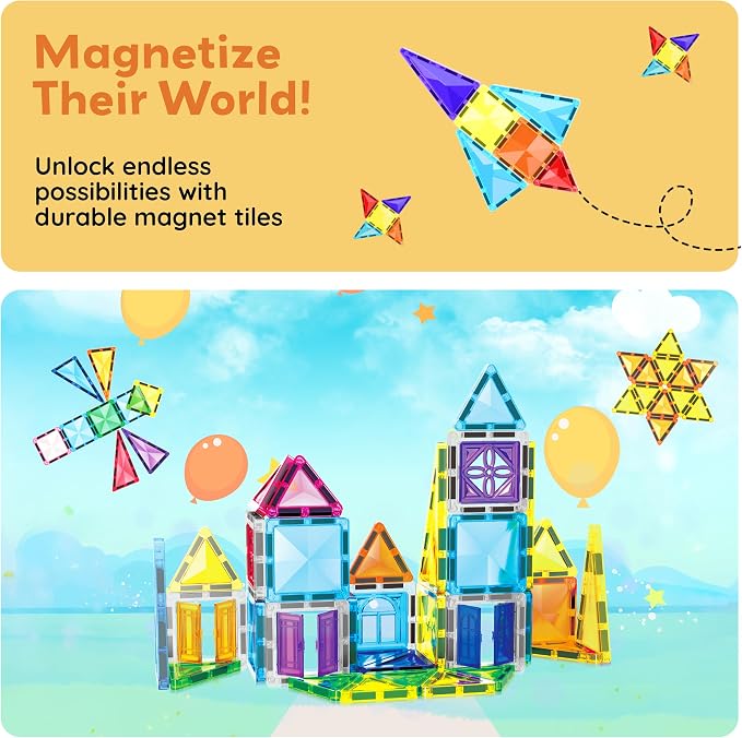 PicassoTiles Magnet Tile Building Blocks 48 Piece Travel Sized Playset with Windows and Clip-on Doors Construction Stacking Magnetic Tiles Block Learning Educational STEM Toy Boys Girls Age 3+ PTM48