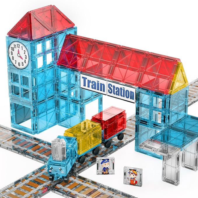 SKTMYY Magnetic Tiles Train Toys, Train Station for Kids Age 4-8 | Magnet Tiles Cars, Preschool Classroom Educations, STEM Learning Montessori Toys, Birthday Gifts for Boys Girls