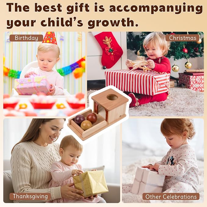 Adena Montessori Object Permanence Box for 6-12 Month Baby 3 Balls, Wooden Baby Toy in Natural Wood Tones, Real Wood Montessori Learning Toy for Toddler 1 Year Old, Sensory Developmental Gift