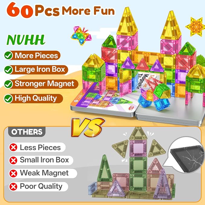 NVHH 60PCS Mini Magnetic Tiles Travel for Kids Ages 3-5 4-8 with Iron Box | Magnet Building Kids Toys for 3 4 5 6 7 8 Year Old Boy Girl Toddler Creativity Construction Sensory Christmas Birthday Gifts
