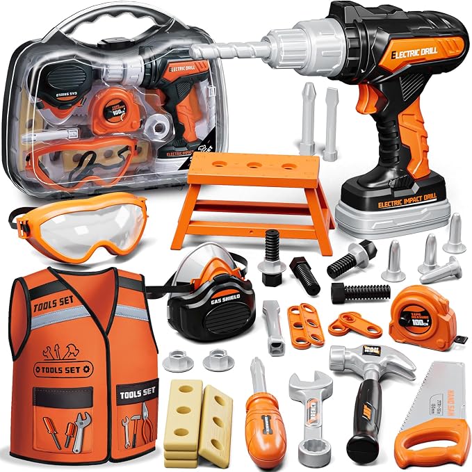 KidBloom Kids Tool Set, Toddler Tool Set with Box, Toys for 3 Year Old Boys | Construction Toys with Toy Drill, Toddler Boy Toys with Vest, Pretend Play Tools for Kids, Birthday Gifts for 3 4 5 6 7 8 9