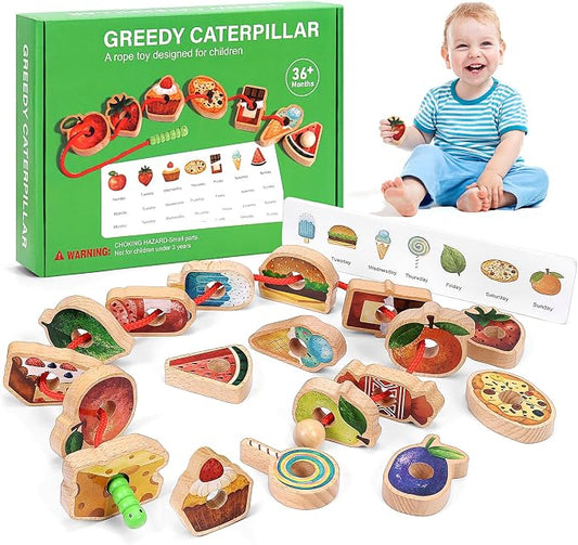 Wooden Caterpillar Lacing Toy for Fine Motor Skills, Ages 2-5 | 2.5-inch wooden beads, 8 pattern cards, 18 fruit and vegetable pieces, and a fine motor lacing game for ages 2–5