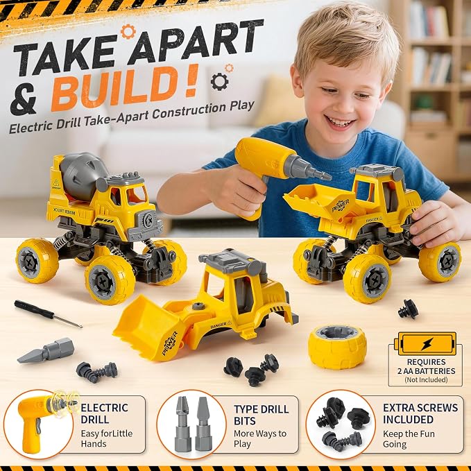 Take Apart Construction Truck Toys for Boys Age 3-8, 4 PCS STEM Building Toys with Electric Drill, Excavator Bulldozer Cement Mixer Dump Truck, Pull Back Cars Birthday Gifts for 3 4 5 6 Year Old Kids