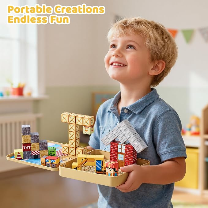 49PCS Magnetic Blocks with Iron Storage Box, Magnetic Cubes Tiles | STEM Educational Stacking Magnets Travel Toys for Kid Ages 3 4 5 6 7 8 9 10 11 Birthday Party Supplies Gifts for Boys Girls