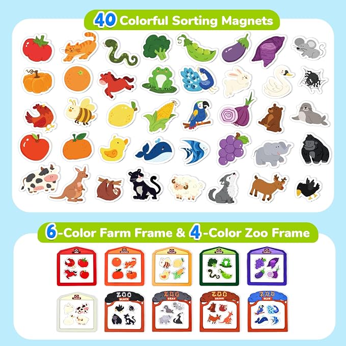JoyCat Wooden Fridge Magnets for Toddlers, Animal Color Sorting Set, 50 PCS | Farm & zoo animal magnets for kids, magnetic color sorting refrigerator toys and educational learning gifts for 3-6 year olds