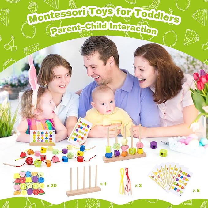 Appoft Montessori Wooden Beads Mastery Kit: Fine Motor Skills Builder for Toddlers 2-5 Stacking Blocks Lacing Beads Travel Learning Toys STEM Gifts for 2 3 4 5 Year Old Boys Girls Toys for Ages 2-4