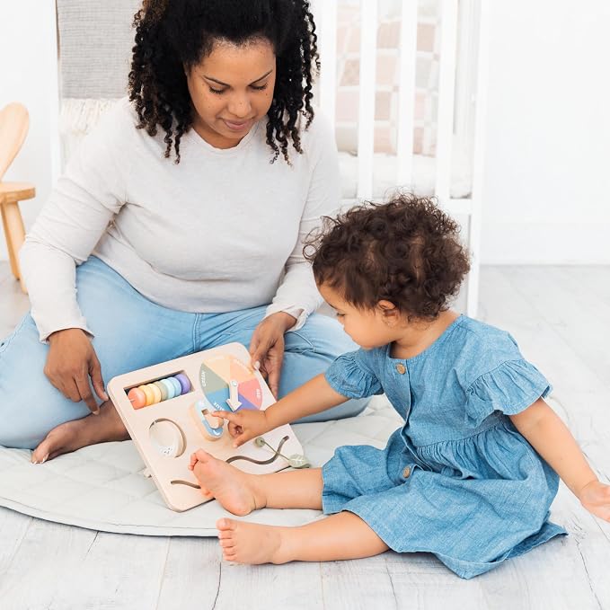 Pearhead Busy Board for Toddlers, Wooden Montessori Sensory Toy | FSC-Certified Design, Built-In Stand, Travel Activities, Color Recognition, Ages 1+