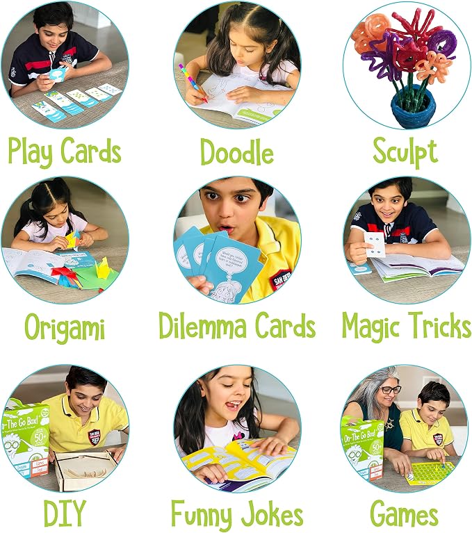 On The Go Box, Road Trip Travel Games Activity Box, Includes Card Games, Craft Kits, and Other 50+ Travel Activities for Kids and Family Ages 4+