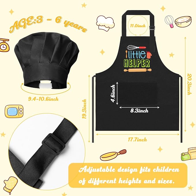 R HORSE 2 Pieces Kid Apron and Chef Hat Set, Dress up Role Play Chef Toy | Black Little Helper Adjustable Kid Kitchen Apron with Pockets, Ideal for Cooking, Baking, Painting, Cooking Birthday Gift