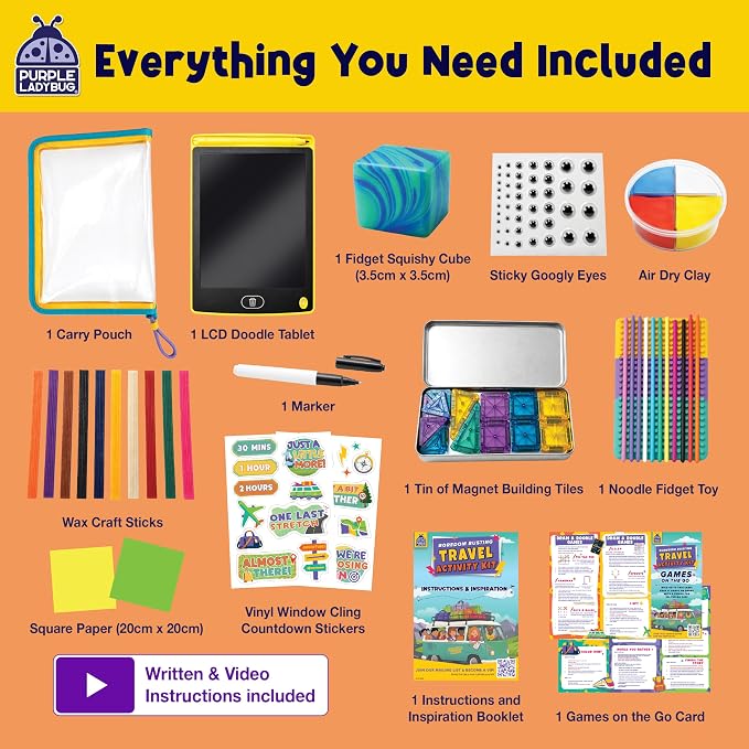 Road Trip Essentials for Kids Kit with 10+ Screen Free Activities | Roadtrip, Car Ride and Airplane Activities, Sensory Toys, Travel Games, Crafts, Fidgets, For Boys and Girls